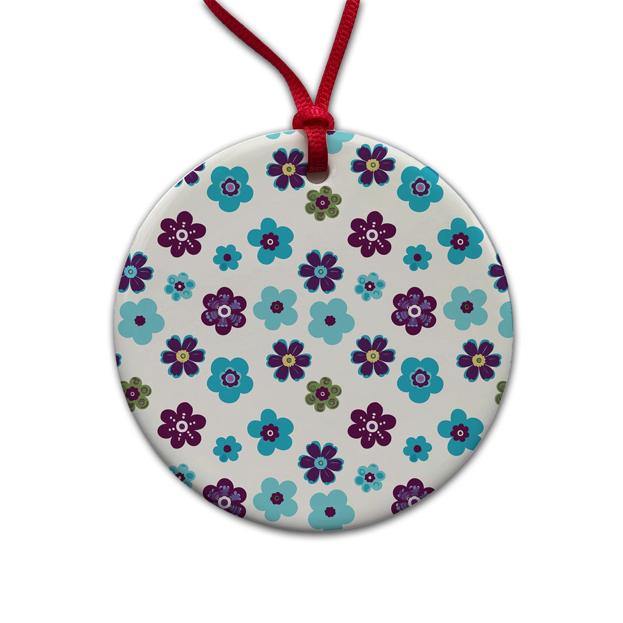 Flowers Blue Purple Cute Pattern Round Ceramic Holiday Christmas Tree Ornament