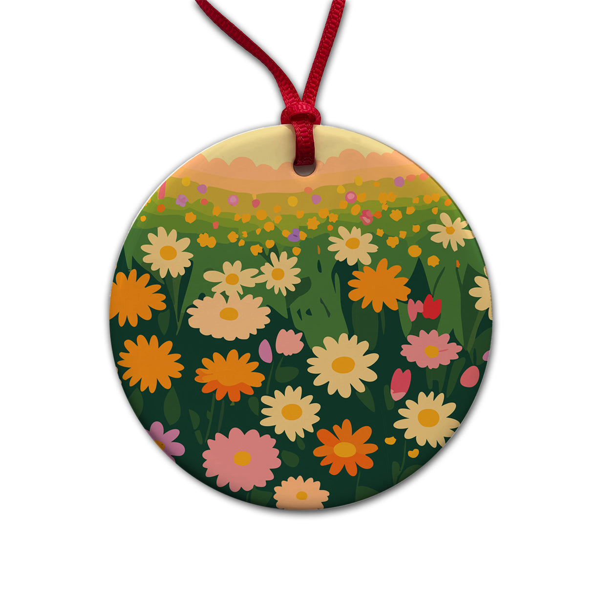 Flowers in Meadow Floral Round Ceramic Holiday Christmas Tree Ornament