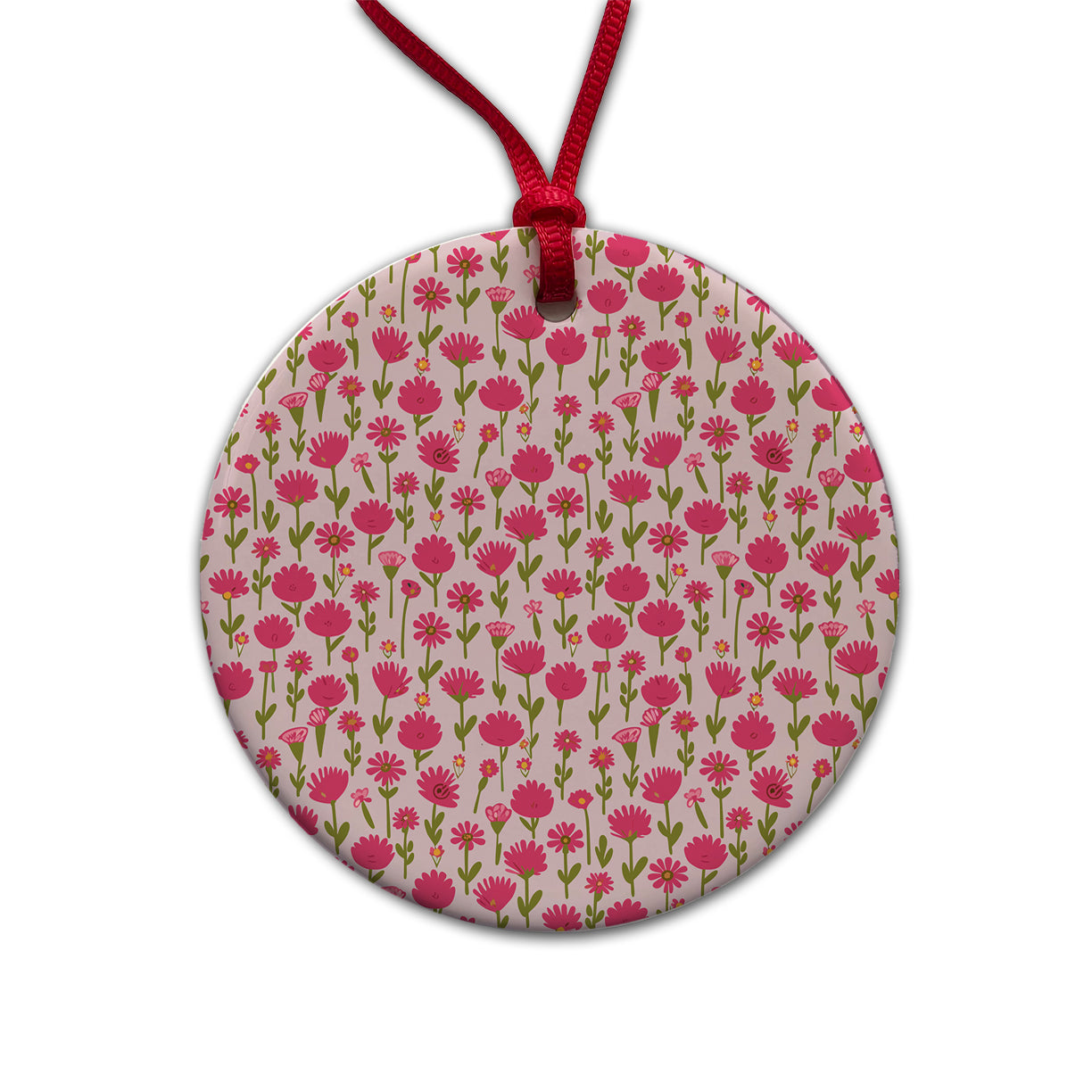 Flowers Pink Cute Pattern Round Ceramic Holiday Christmas Tree Ornament