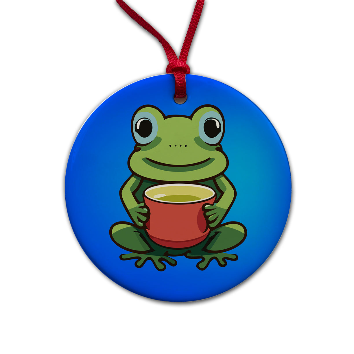 Frog Drinking Tea Funny Round Ceramic Holiday Christmas Tree Ornament