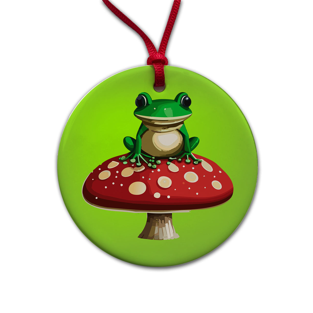 Frog on Red Toadstool Mushroom Round Ceramic Holiday Christmas Tree Ornament