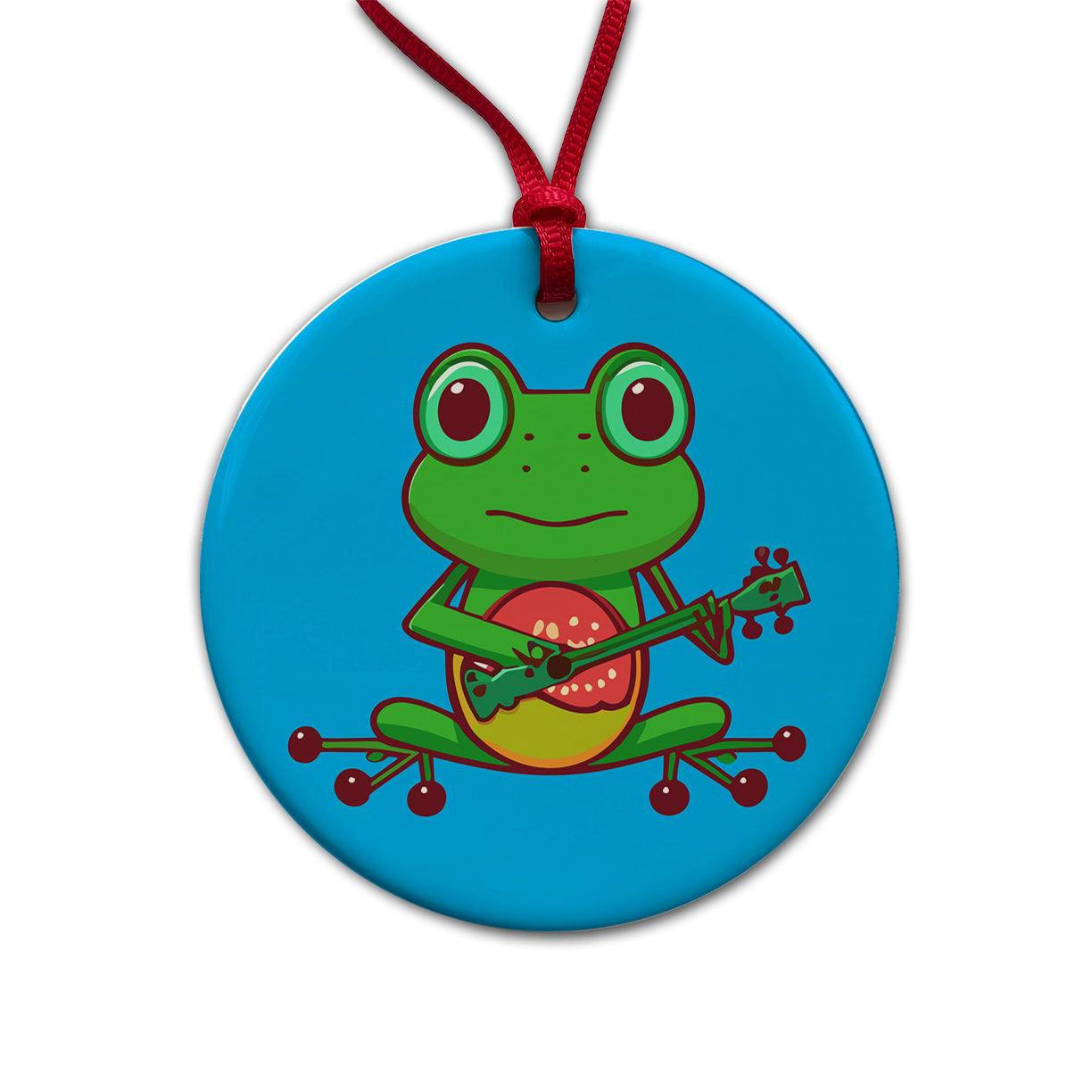 Frog Playing Banjo Guitar Music Funny Round Ceramic Holiday Christmas Tree Ornament