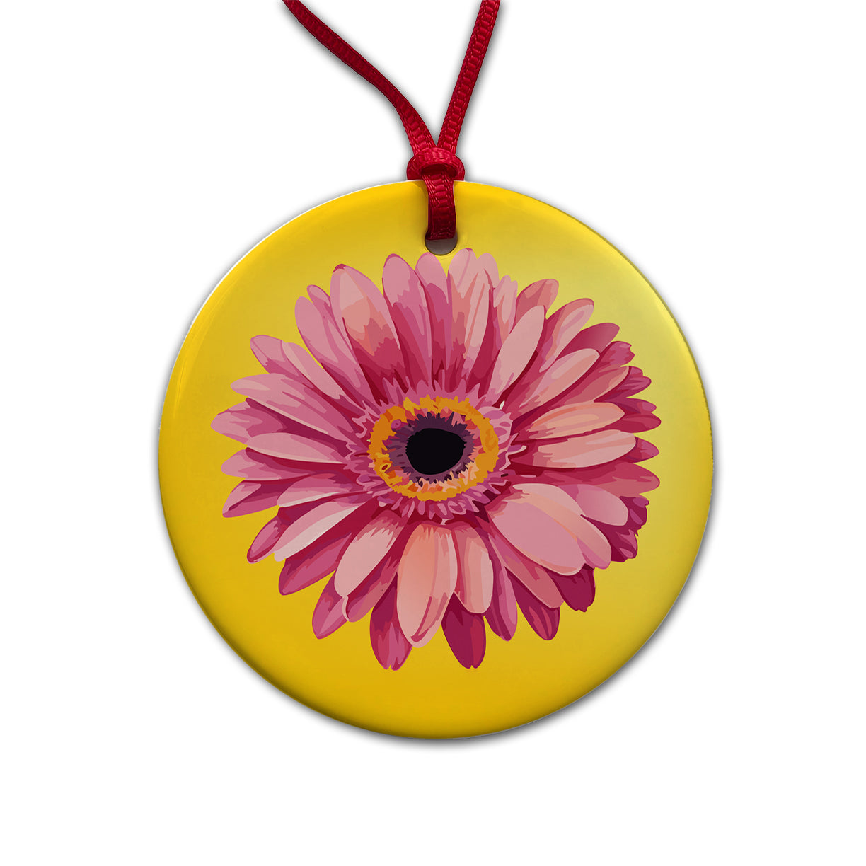 Gerbera Daisy Flower Pink Round Ceramic Holiday Christmas Tree Ornament