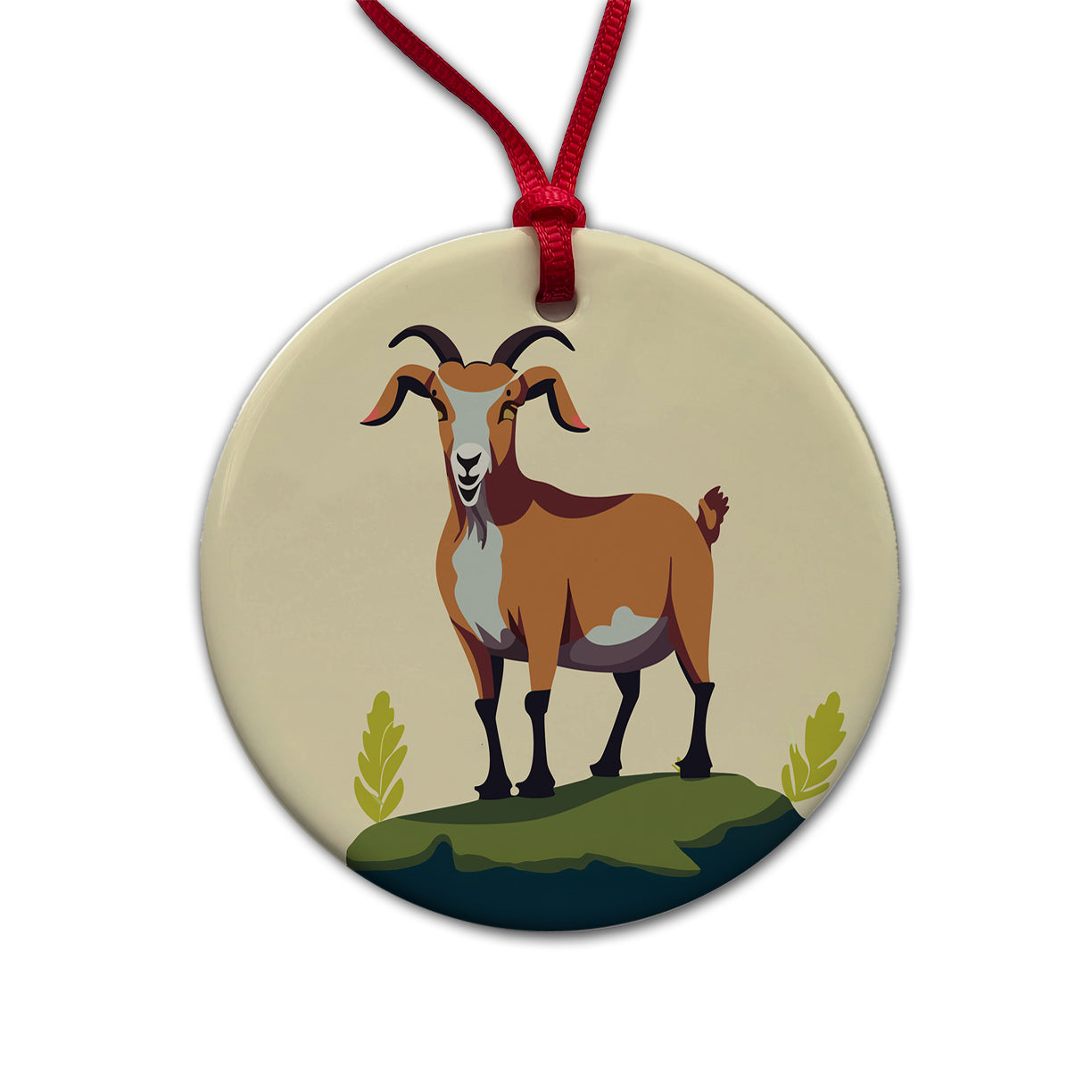Goat Standing Round Ceramic Holiday Christmas Tree Ornament
