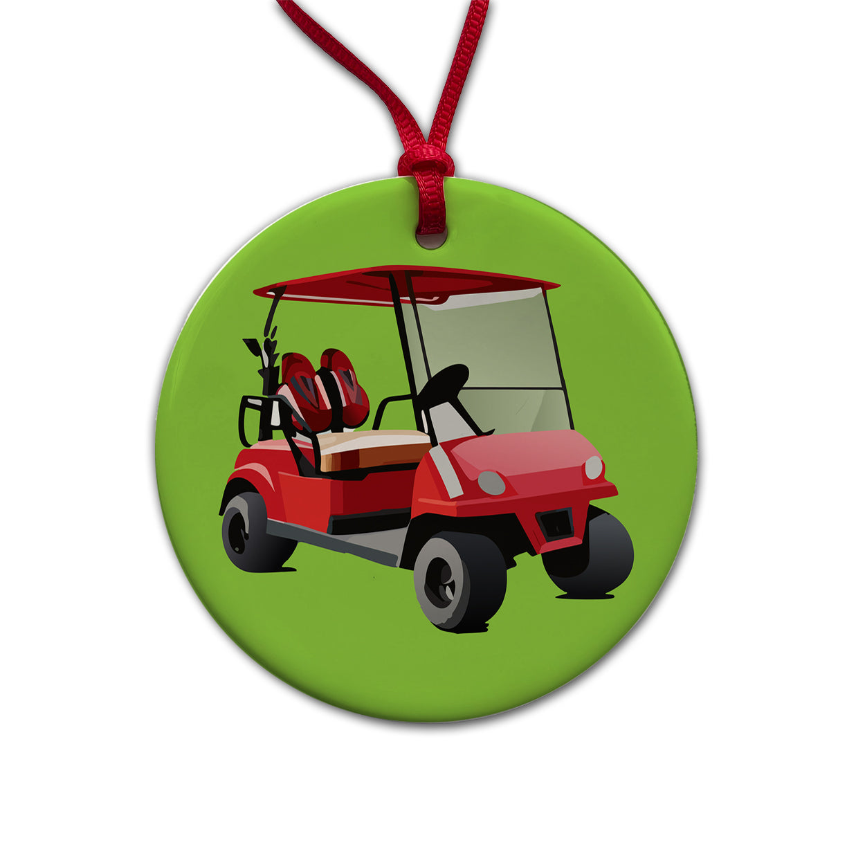 Golf Cart Red Golfing Sport Round Ceramic Holiday Christmas Tree Ornament