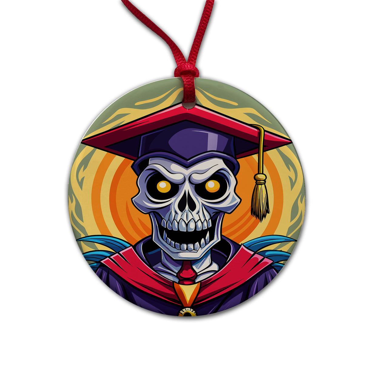 Graduate Skeleton Graduation Scary Round Ceramic Holiday Christmas Tree Ornament