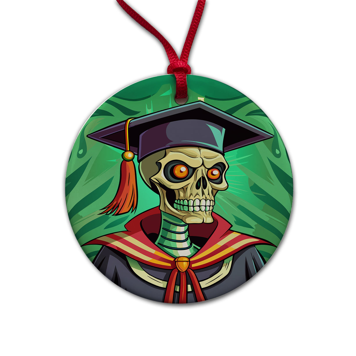 Graduate Skeleton Scary Graduation Round Ceramic Holiday Christmas Tree Ornament