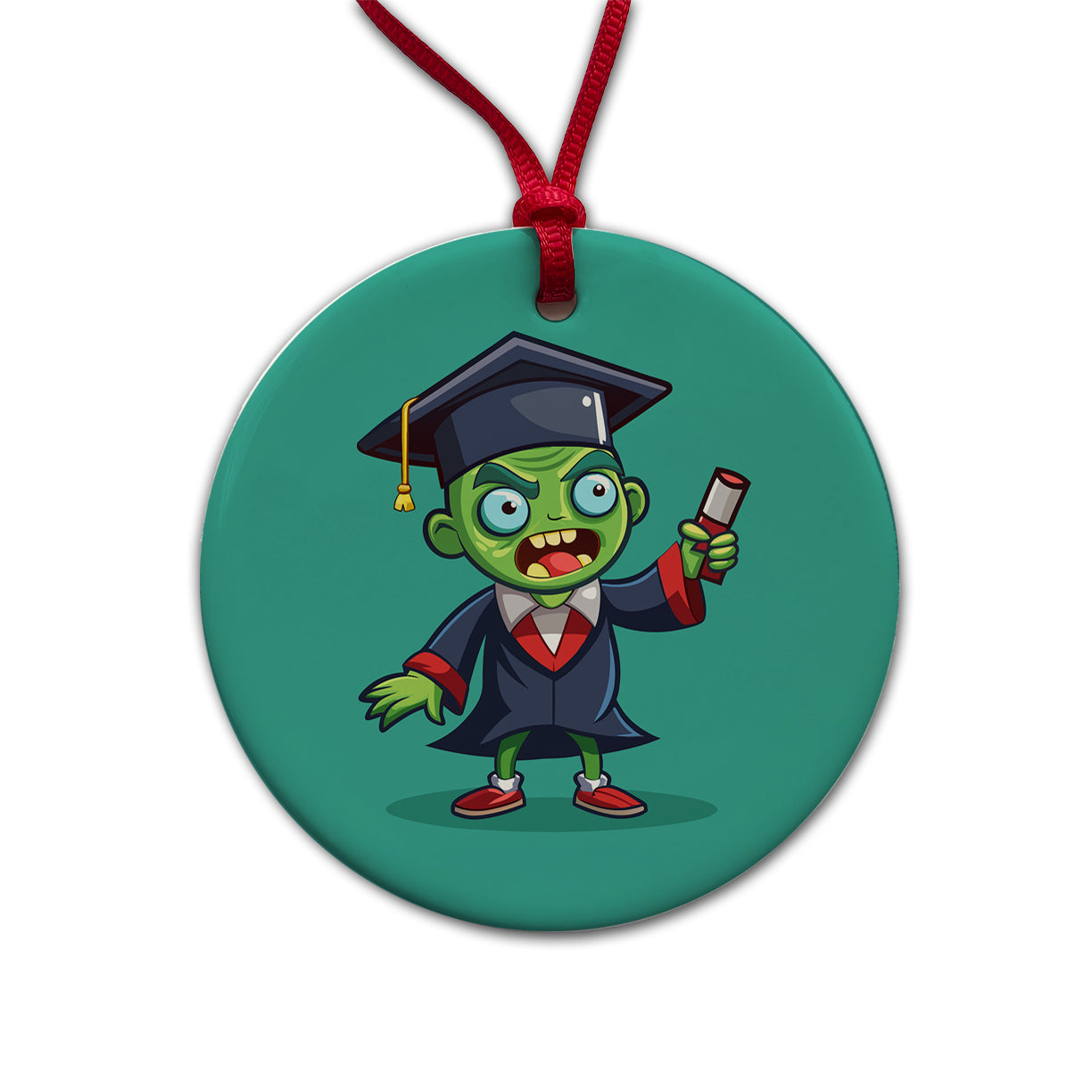 Graduate Zombie Graduation Cartoon Round Ceramic Holiday Christmas Tree Ornament