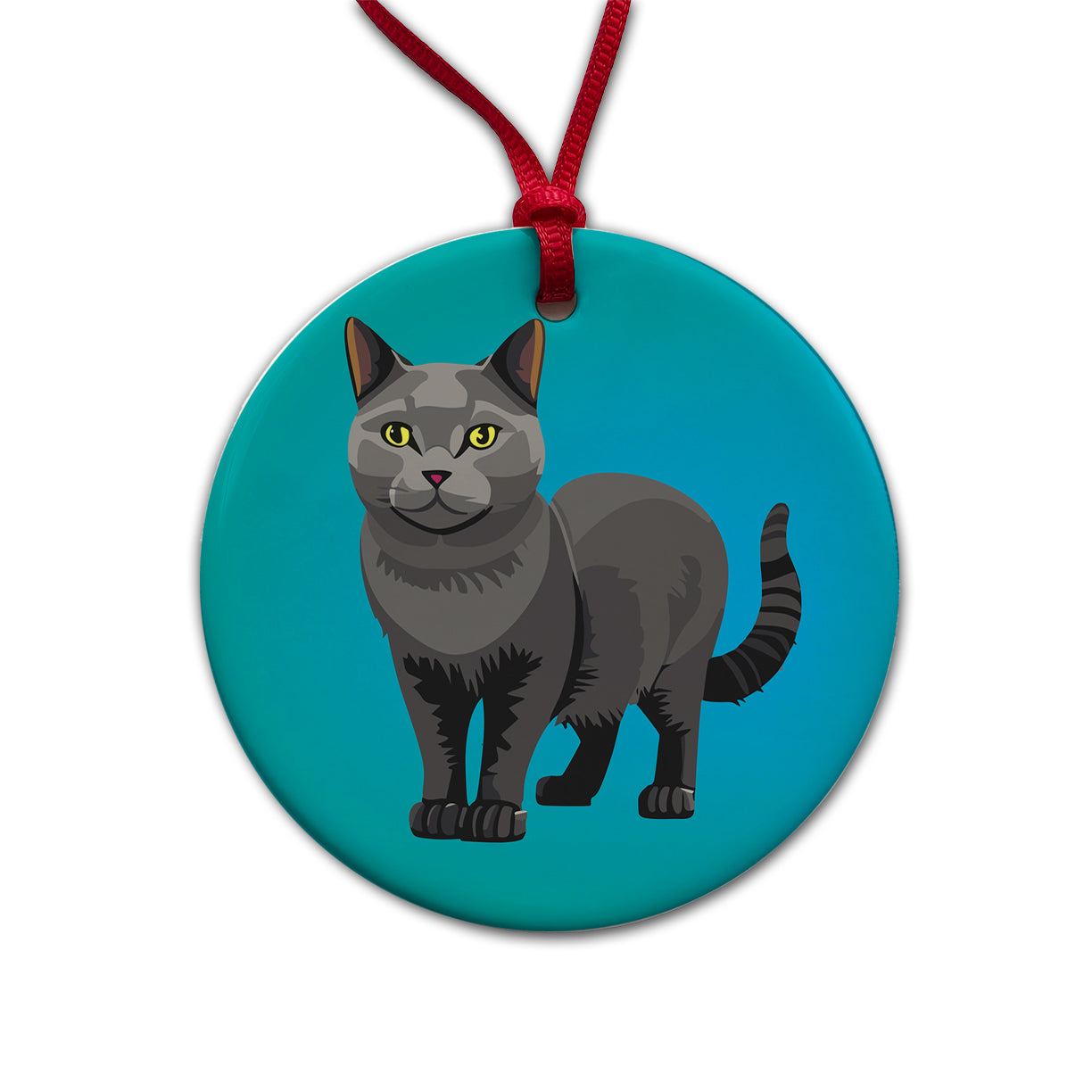 Gray Cat Standing Round Ceramic Holiday Christmas Tree Ornament