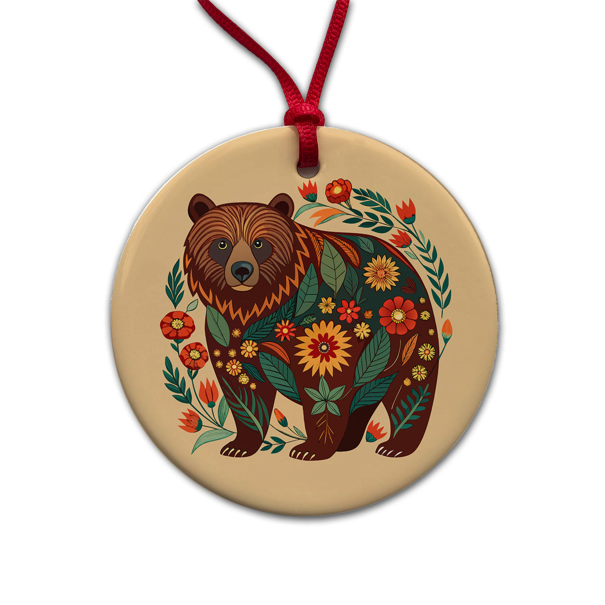 Grizzly Bear Floral Motif Round Ceramic Holiday Christmas Tree Ornament