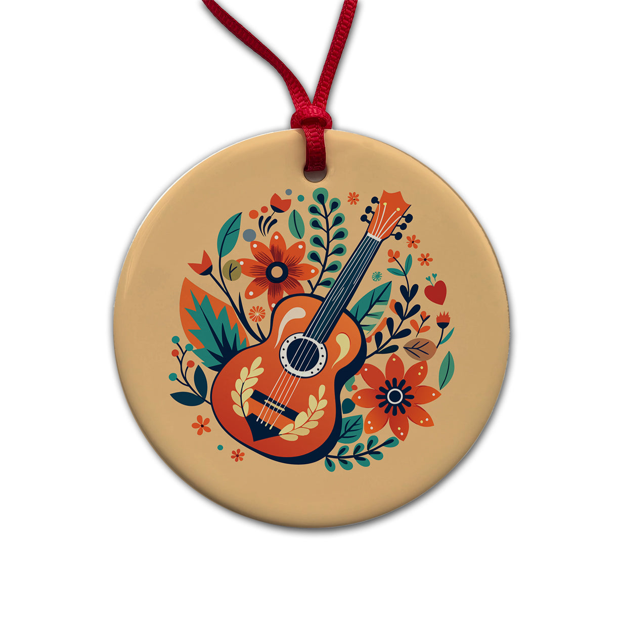 Guitar Music Floral Motif Round Ceramic Holiday Christmas Tree Ornament
