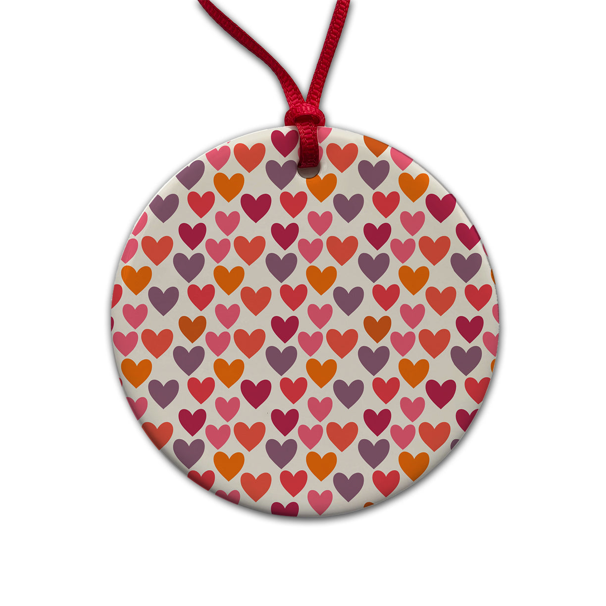 Hearts Purple Pink Orange Valentines Day Anniversary Love Round Ceramic Holiday Christmas Tree Ornament