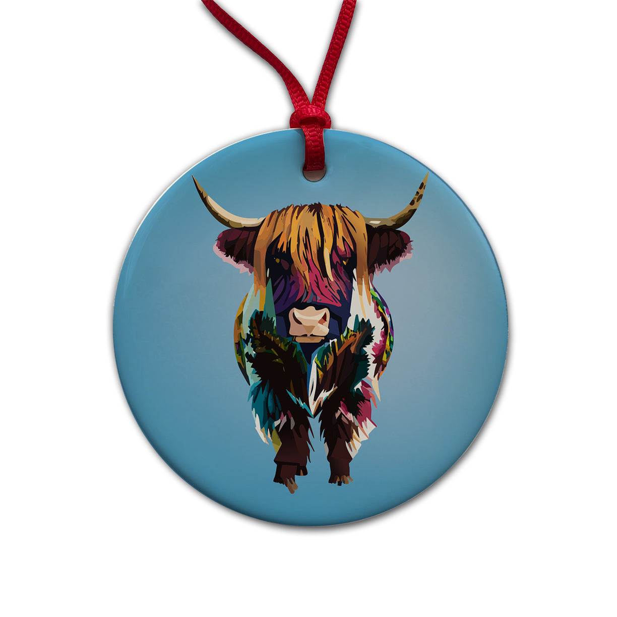 Highland Cow Colorful Round Ceramic Holiday Christmas Tree Ornament
