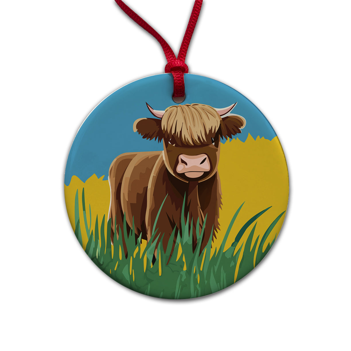 Highland Cow Scruffy Round Ceramic Holiday Christmas Tree Ornament