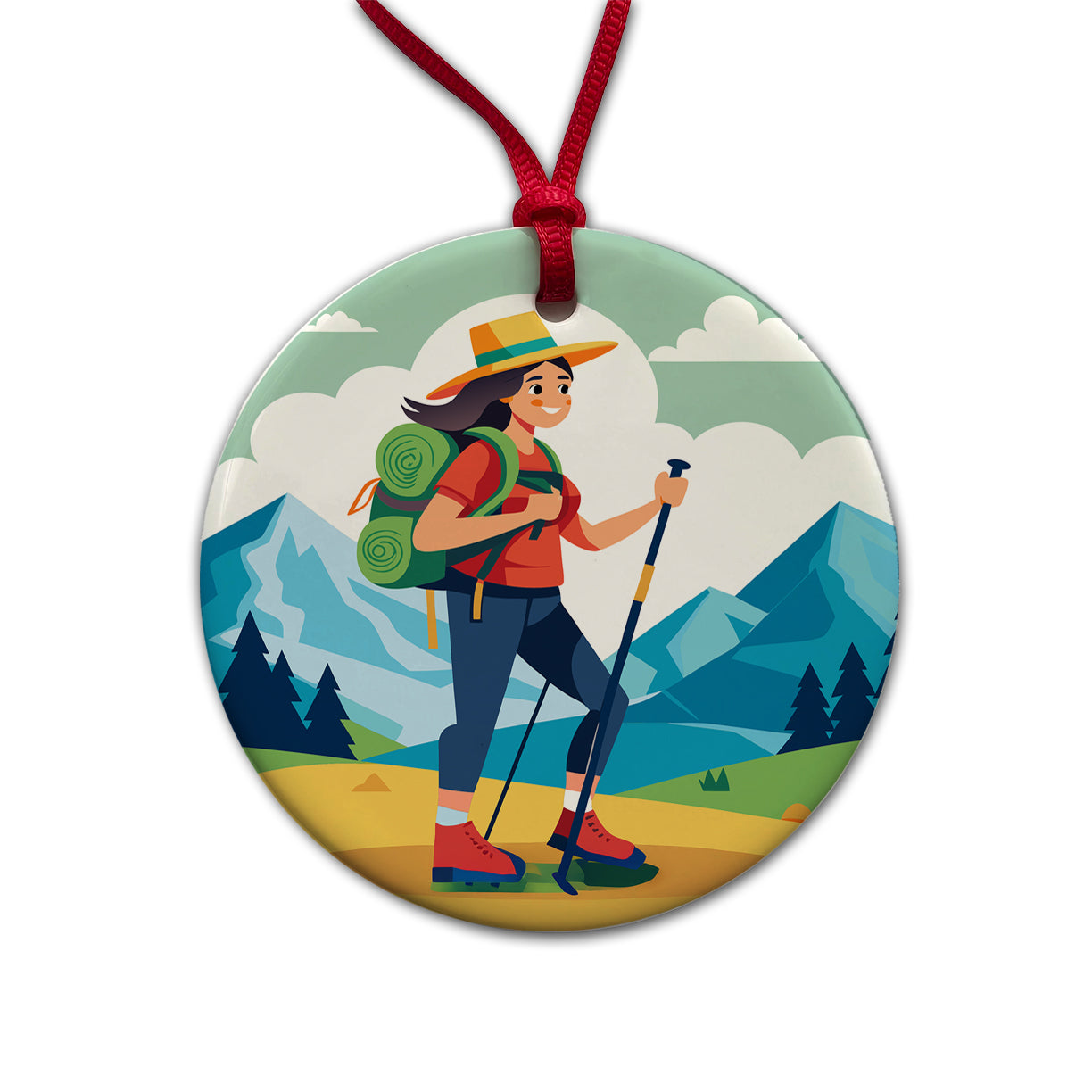 Hiker Hiking Backpacking Woman Round Ceramic Holiday Christmas Tree Ornament