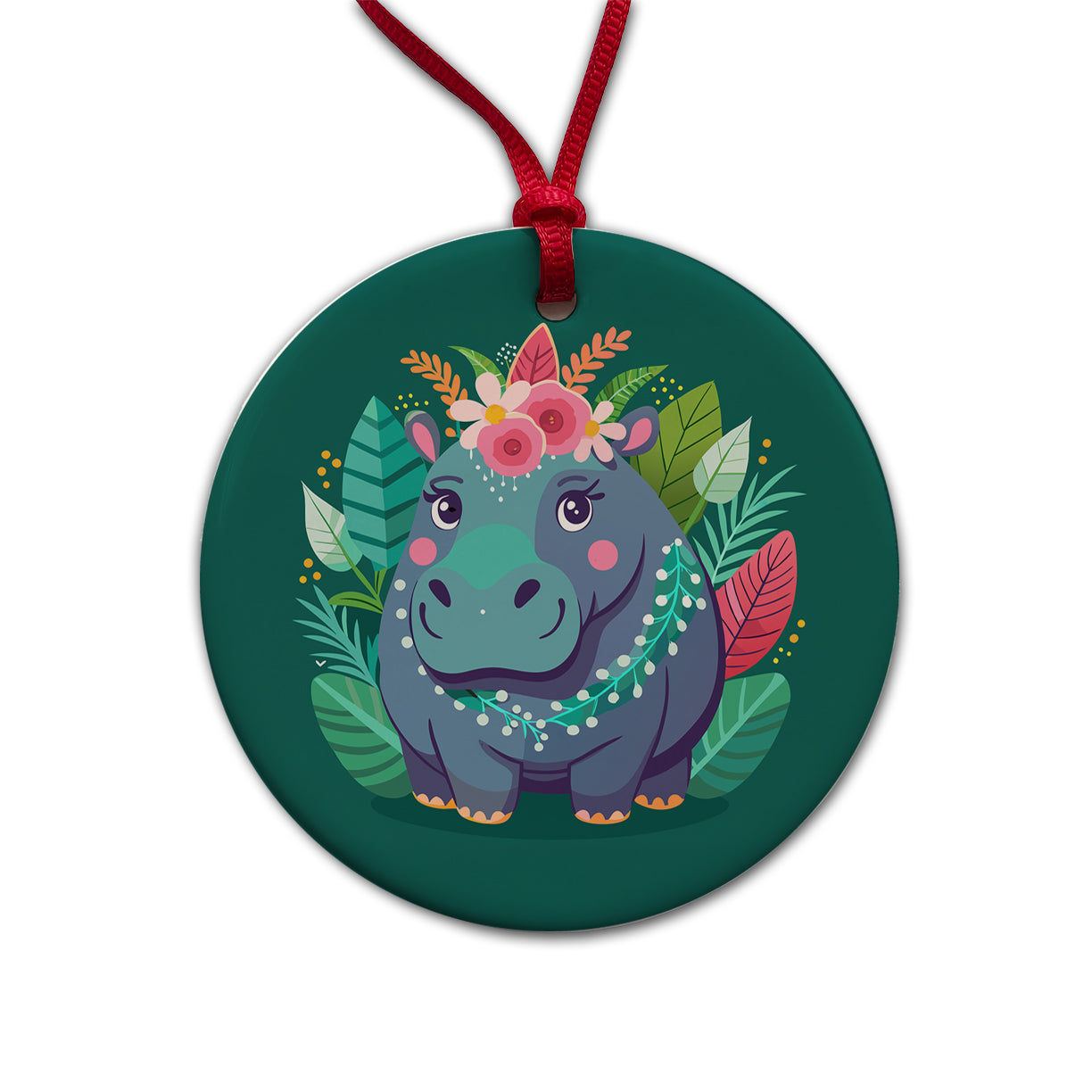 Hippopotamus Floral Flowers Round Ceramic Holiday Christmas Tree Ornament