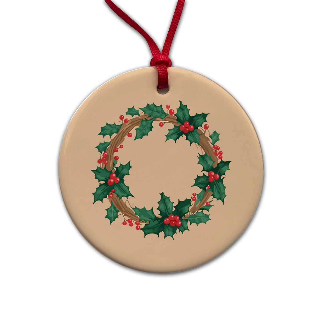 Holly Christmas Wreath Watercolor Round Ceramic Holiday Christmas Tree Ornament