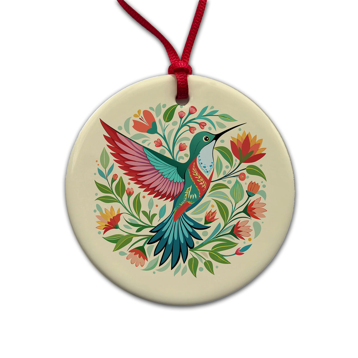 Hummingbird Floral Flowers Round Ceramic Holiday Christmas Tree Ornament