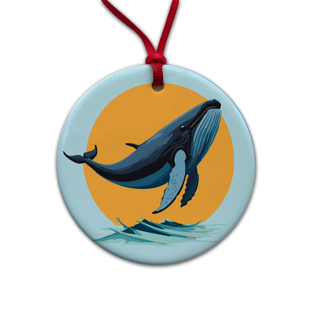 Humpback Whale Jumping Out of Water Round Ceramic Holiday Christmas Tree Ornament