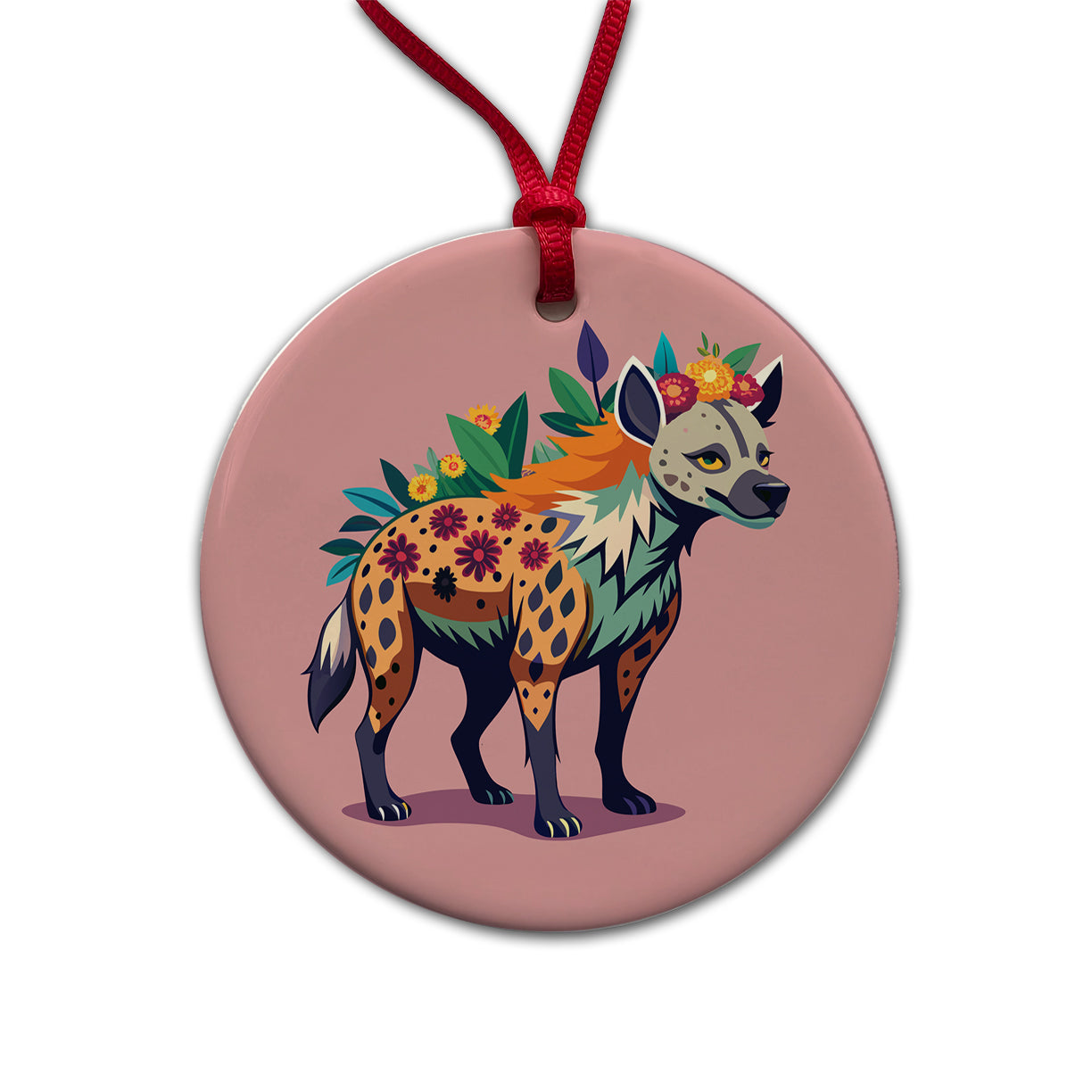 Hyena Floral Flowers Round Ceramic Holiday Christmas Tree Ornament