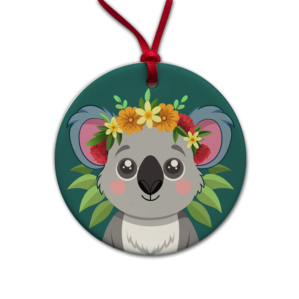 Koala Head Floral Flowers Round Ceramic Holiday Christmas Tree Ornament