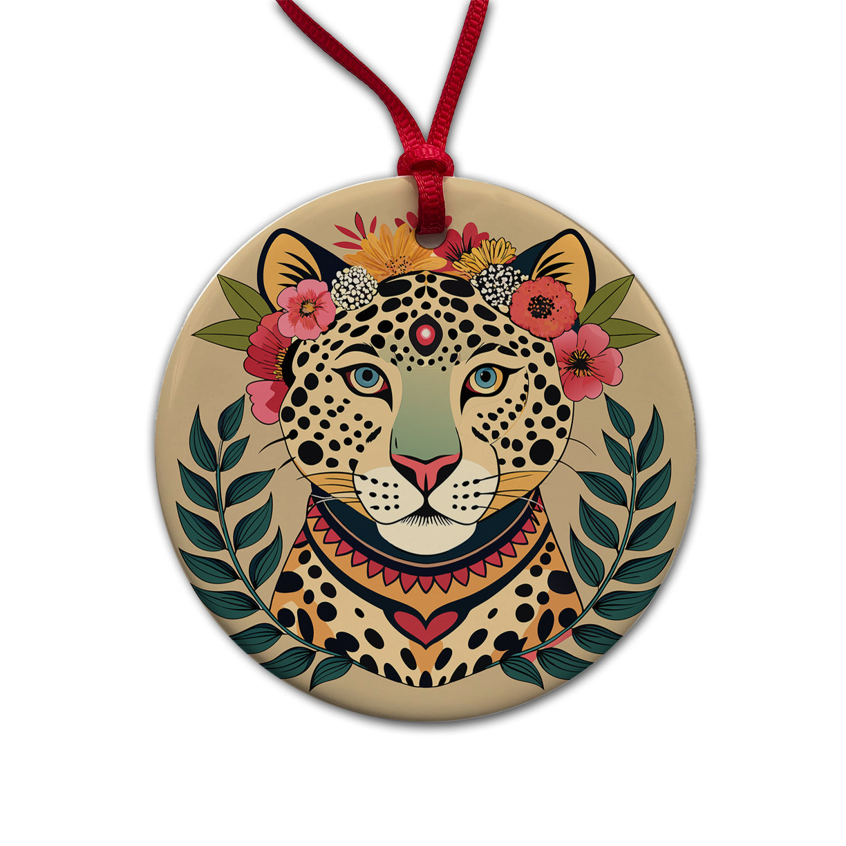 Leopard Head Floral Flowers Round Ceramic Holiday Christmas Tree Ornament