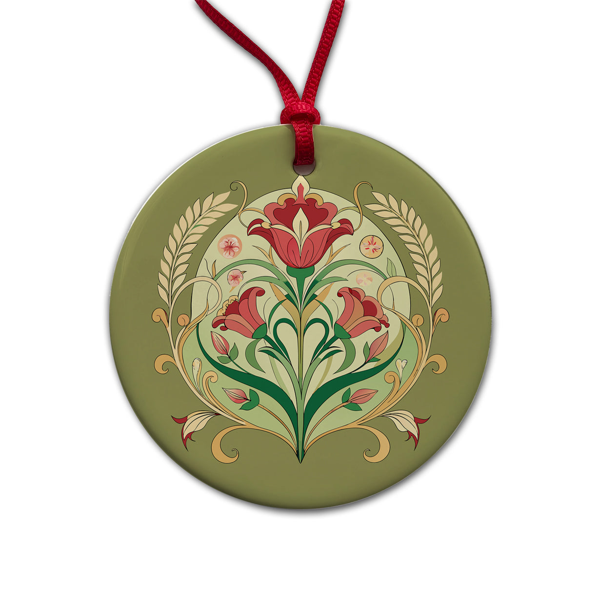 Light Floral Art Nouveau Flowers Elegant Round Ceramic Holiday Christmas Tree Ornament