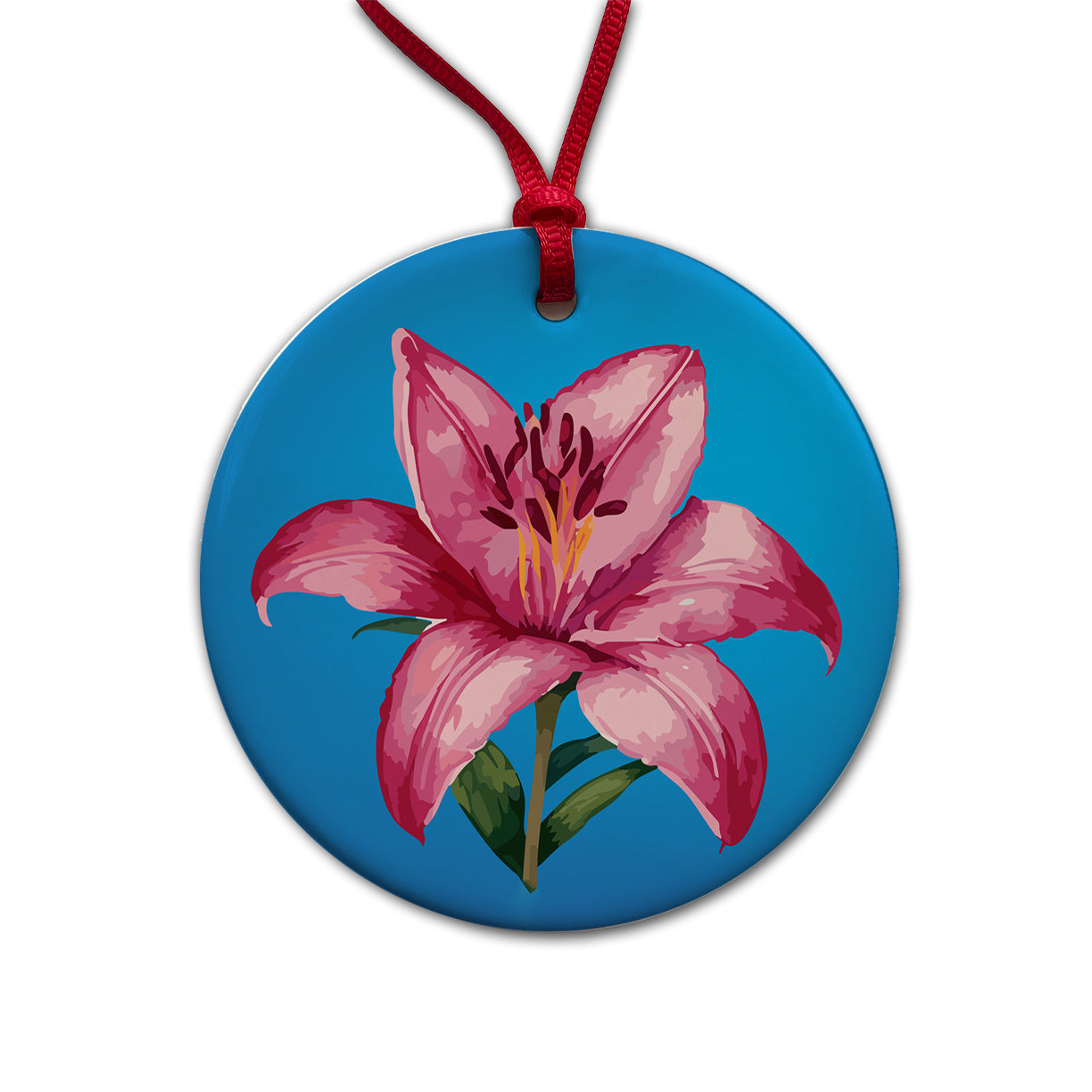 Lily Pink Flower Round Ceramic Holiday Christmas Tree Ornament