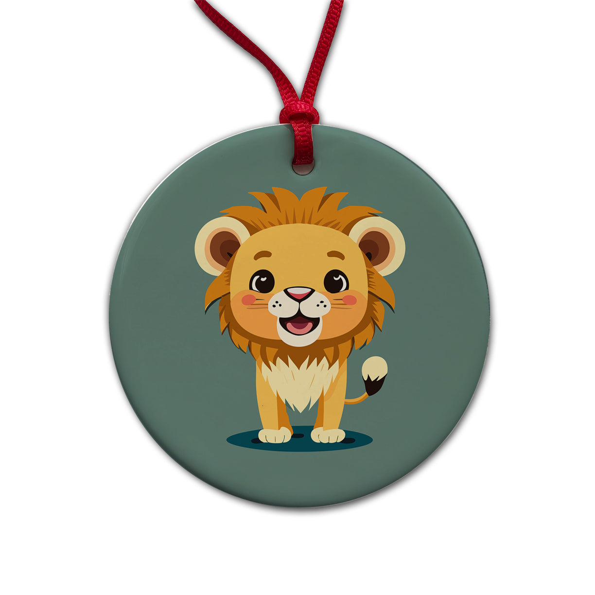 Lion Baby Smiling Standing Round Ceramic Holiday Christmas Tree Ornament