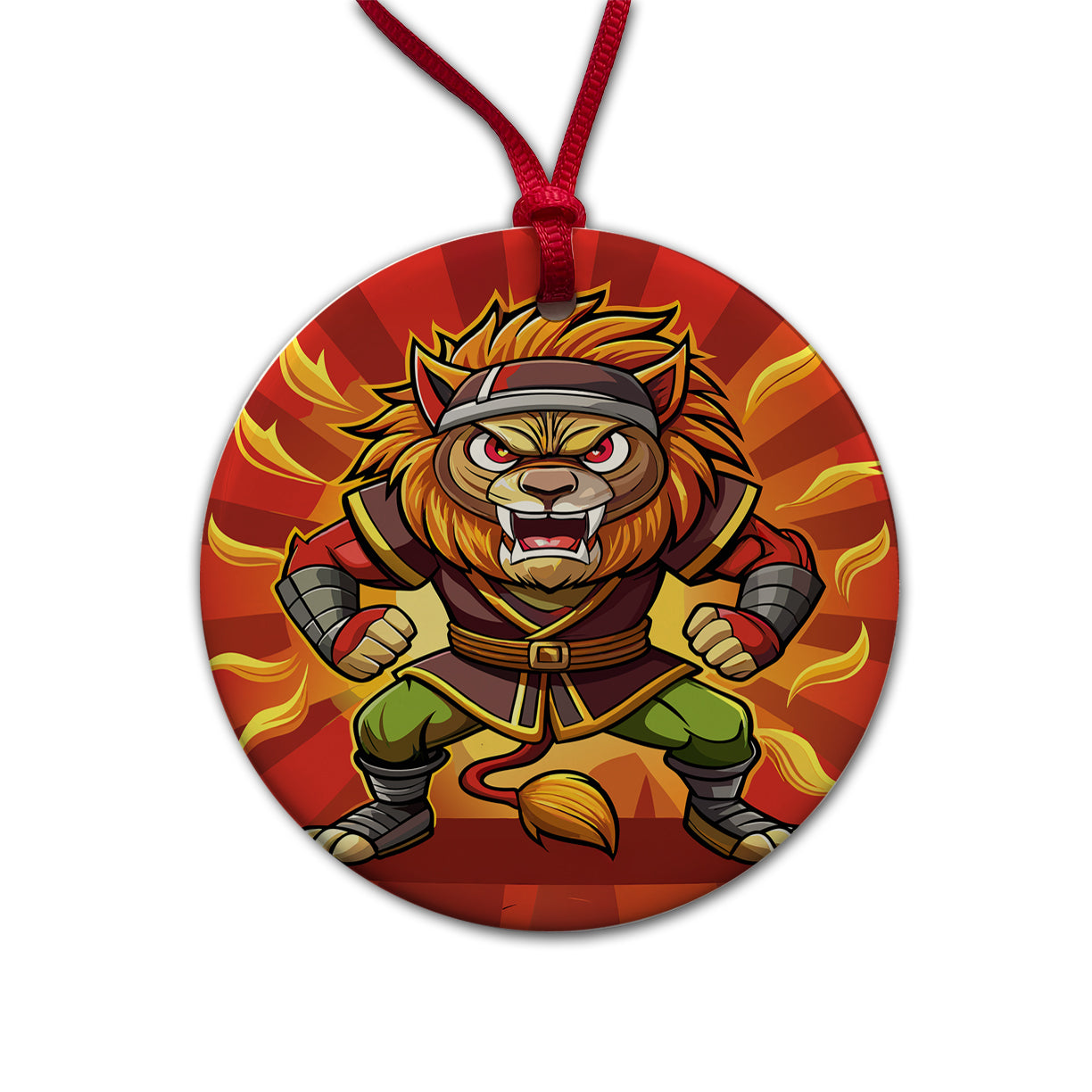 Lion Ninja Fighting Warrior Round Ceramic Holiday Christmas Tree Ornament