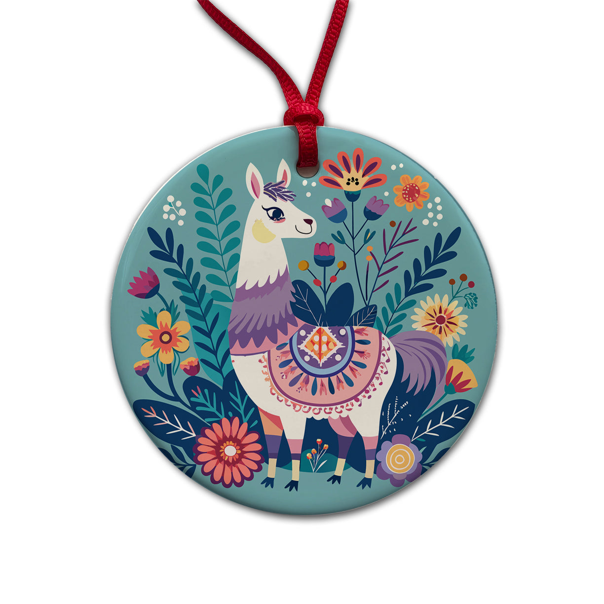 Llama Alpaca Floral Flowers Round Ceramic Holiday Christmas Tree Ornament