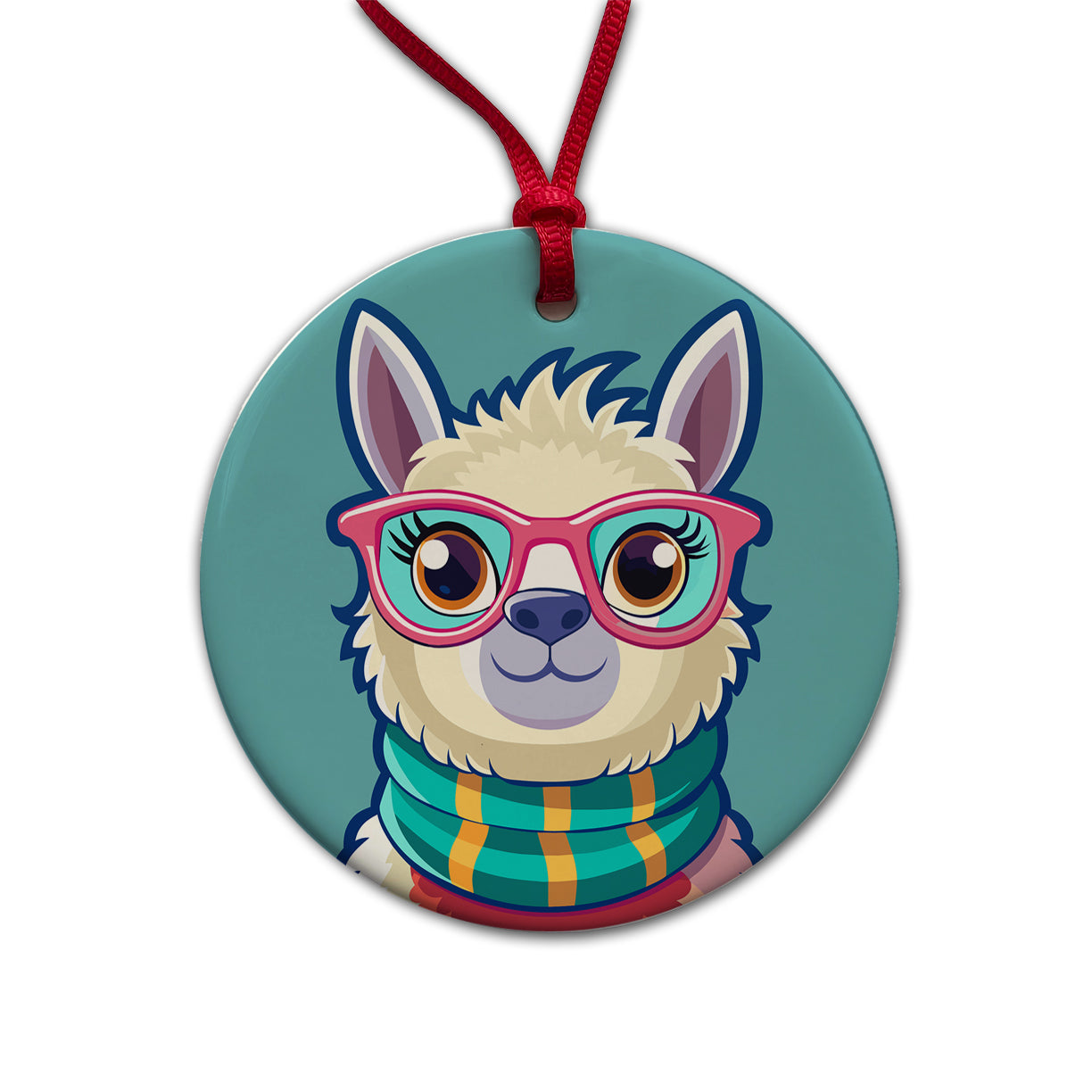 Llama Cute Wearing Glasses Round Ceramic Holiday Christmas Tree Ornament