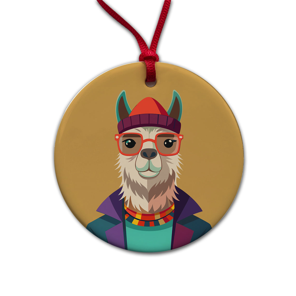 Llama Hipster Funny Wearing Glasses Hat Round Ceramic Holiday Christmas Tree Ornament