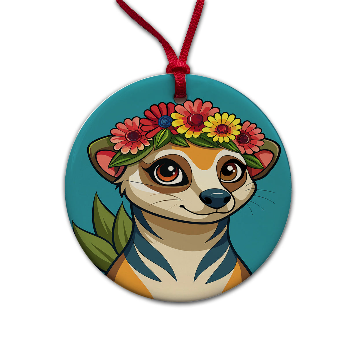 Meerkat Floral Flowers Round Ceramic Holiday Christmas Tree Ornament