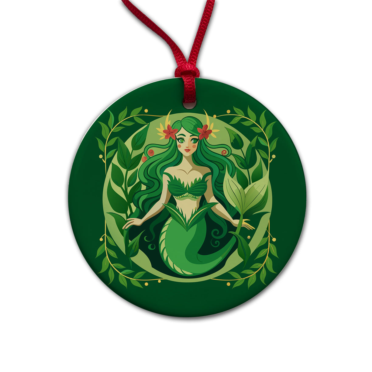 Mermaid Botanical Art Nouveau Round Ceramic Holiday Christmas Tree Ornament