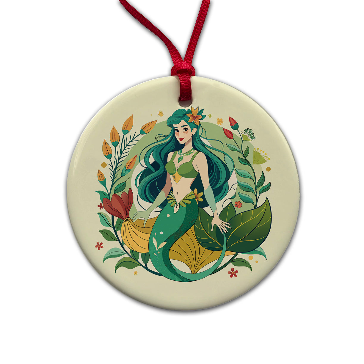 Mermaid Under Sea Botanical Art Nouveau Round Ceramic Holiday Christmas Tree Ornament