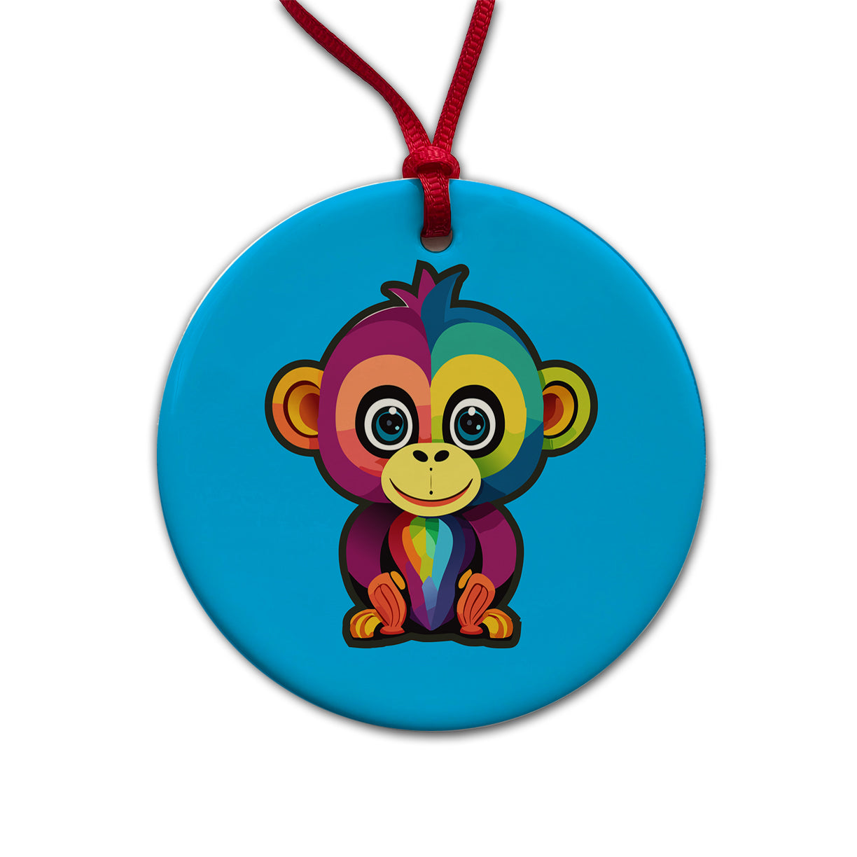 Monkey Colorful Rainbow Round Ceramic Holiday Christmas Tree Ornament