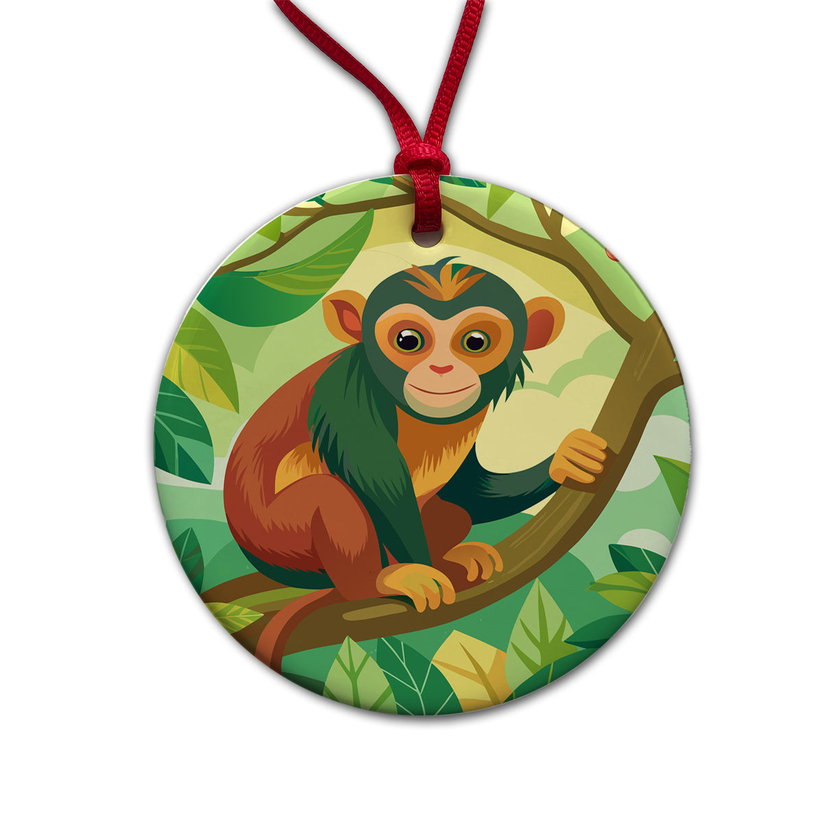 Monkey in Tree Round Ceramic Holiday Christmas Tree Ornament