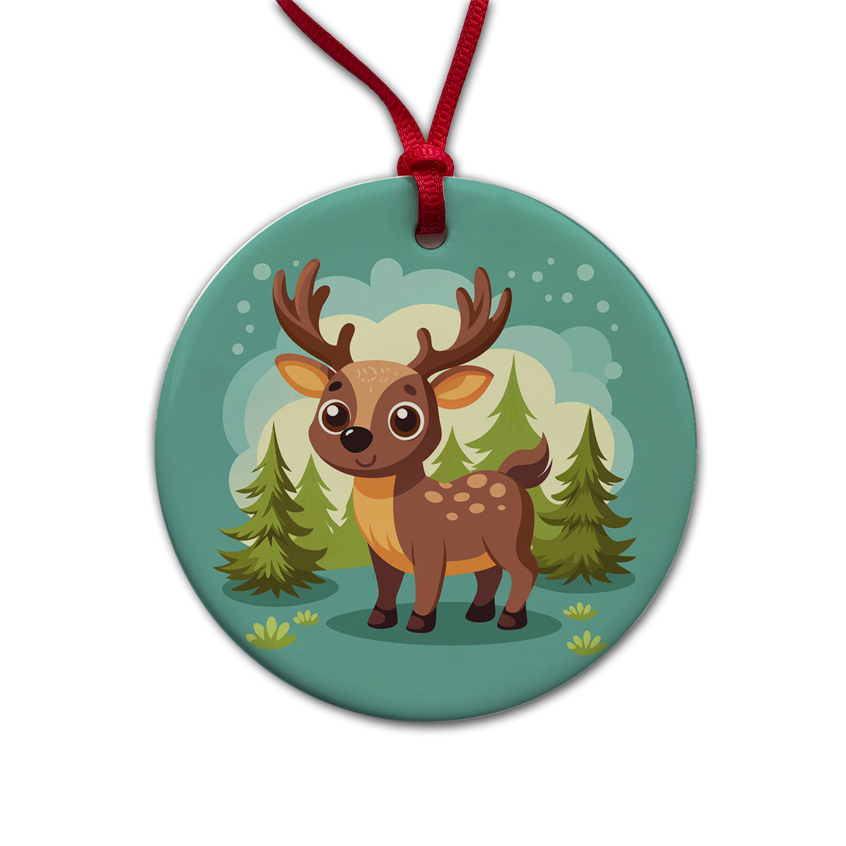 Moose Cute in Forest Round Ceramic Holiday Christmas Tree Ornament