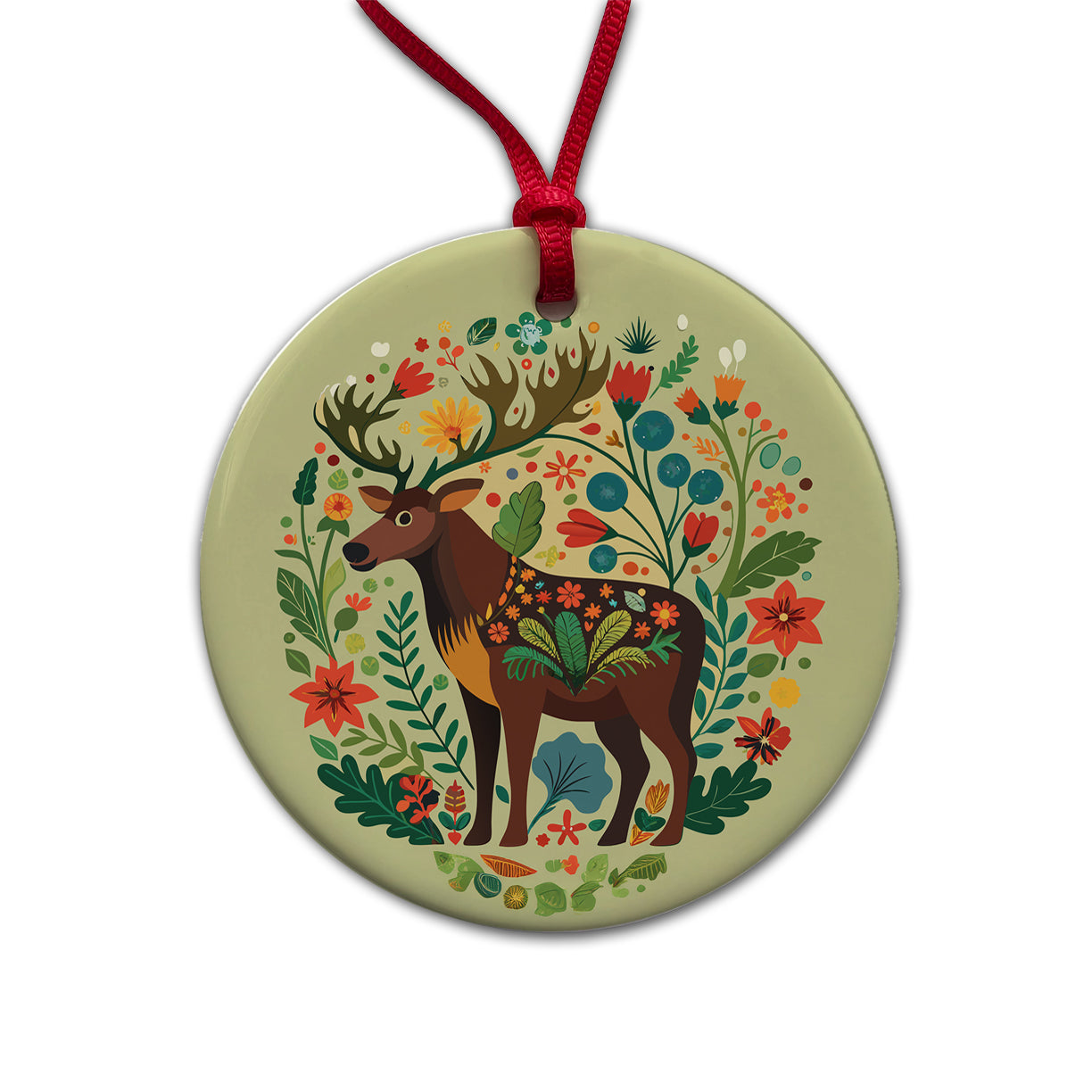 Moose Floral Flowers Round Ceramic Holiday Christmas Tree Ornament