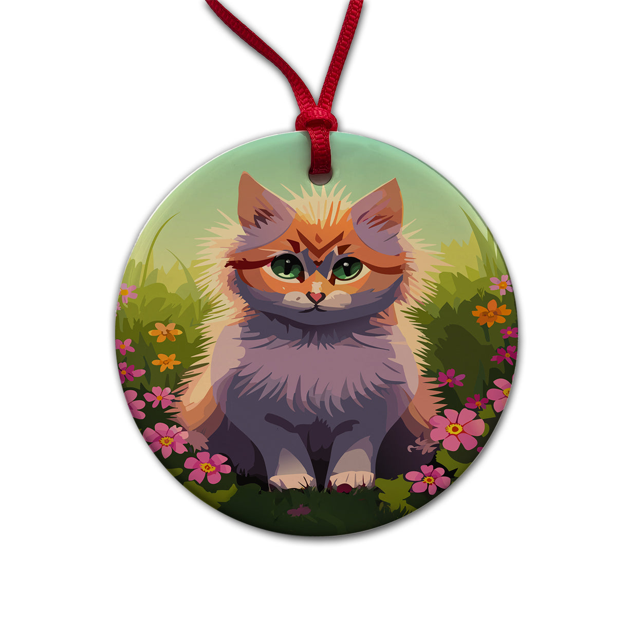 Munchkin Cat in Flower Garden Round Ceramic Holiday Christmas Tree Ornament