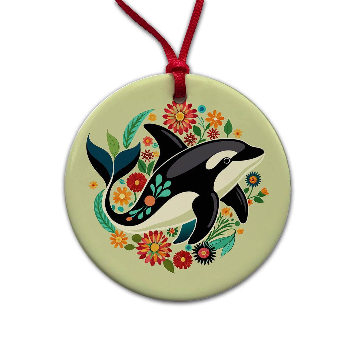 Orca Whale Floral Flowers Round Ceramic Holiday Christmas Tree Ornament