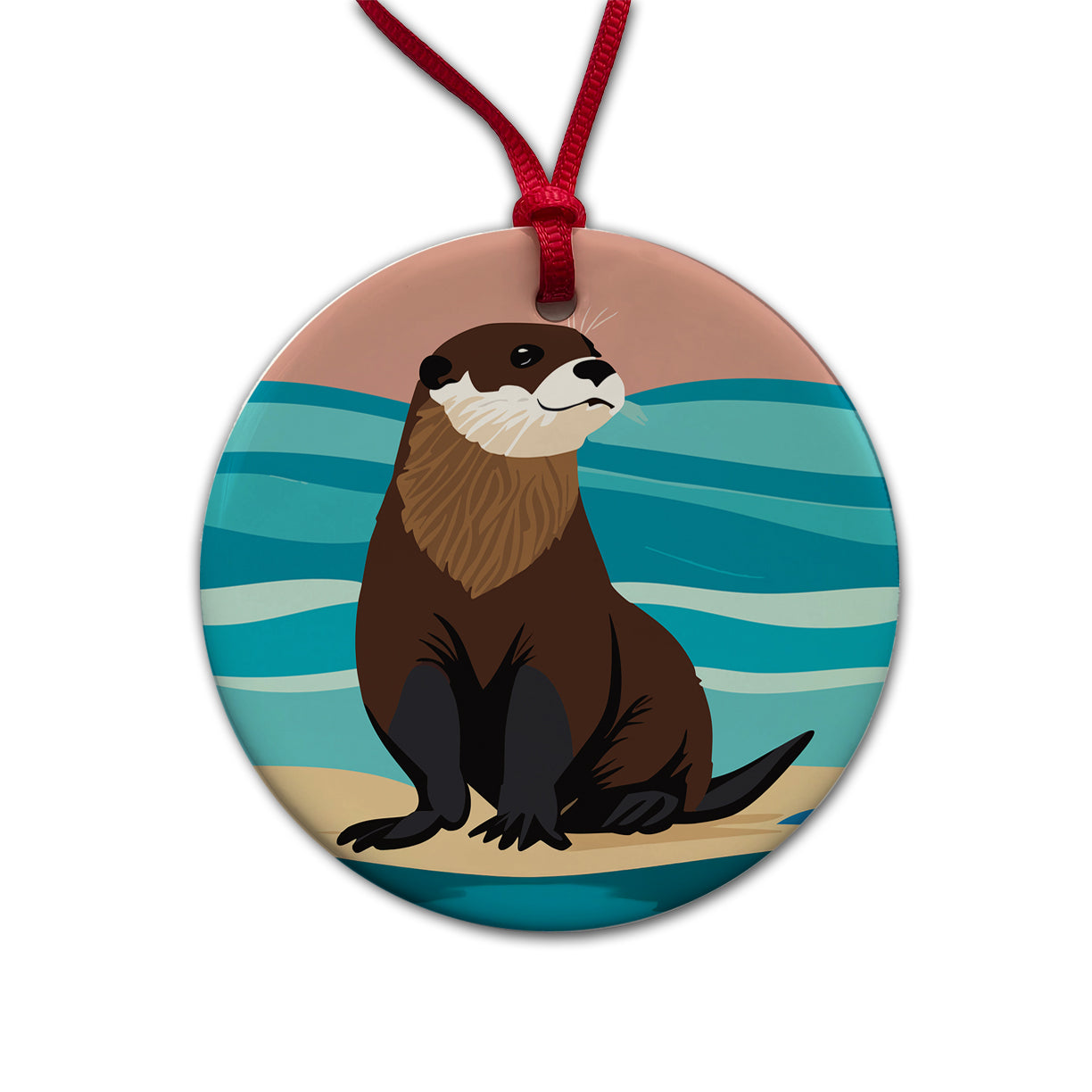 Otter on the Beach Ocean Sea Round Ceramic Holiday Christmas Tree Ornament