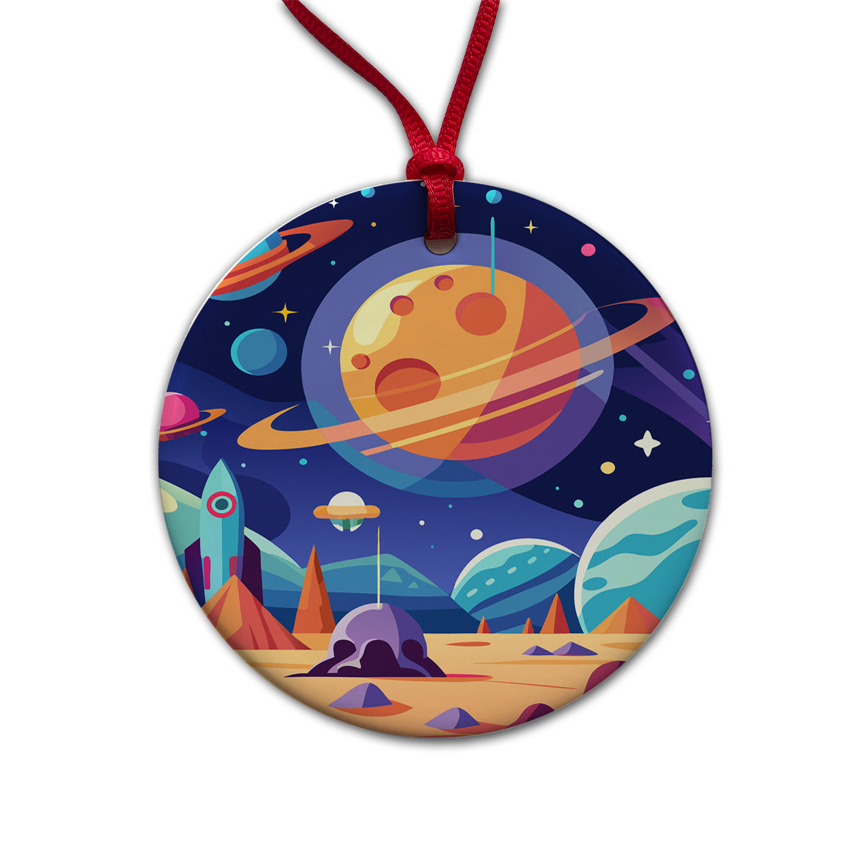 Outer Space Planets Round Ceramic Holiday Christmas Tree Ornament