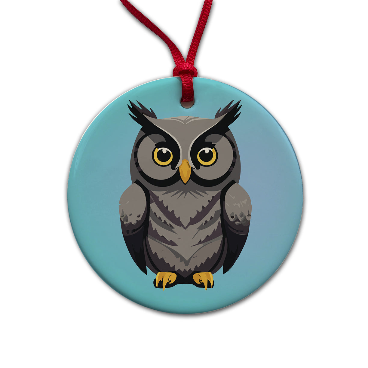 Owl Gray Staring Round Ceramic Holiday Christmas Tree Ornament