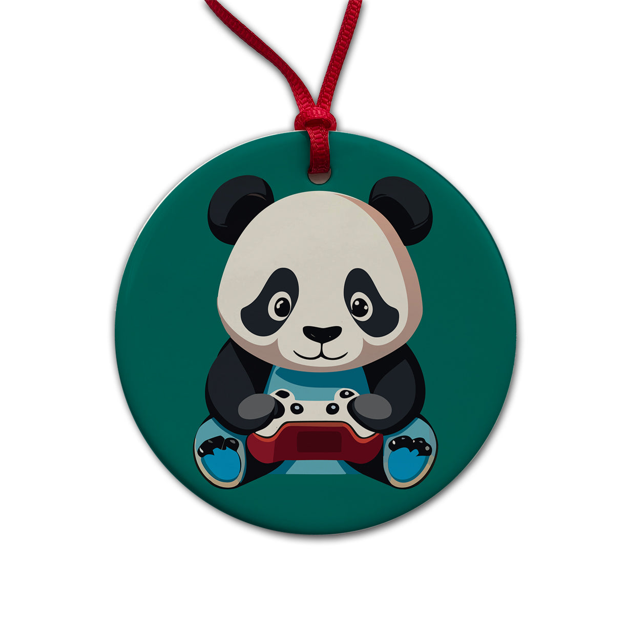 Panda Gaming Gamer Playing Video Game Round Ceramic Holiday Christmas Tree Ornament