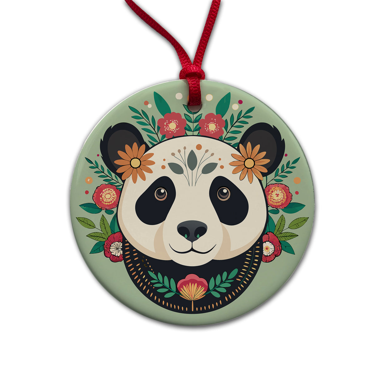 Panda Head Floral Flowers Round Ceramic Holiday Christmas Tree Ornament