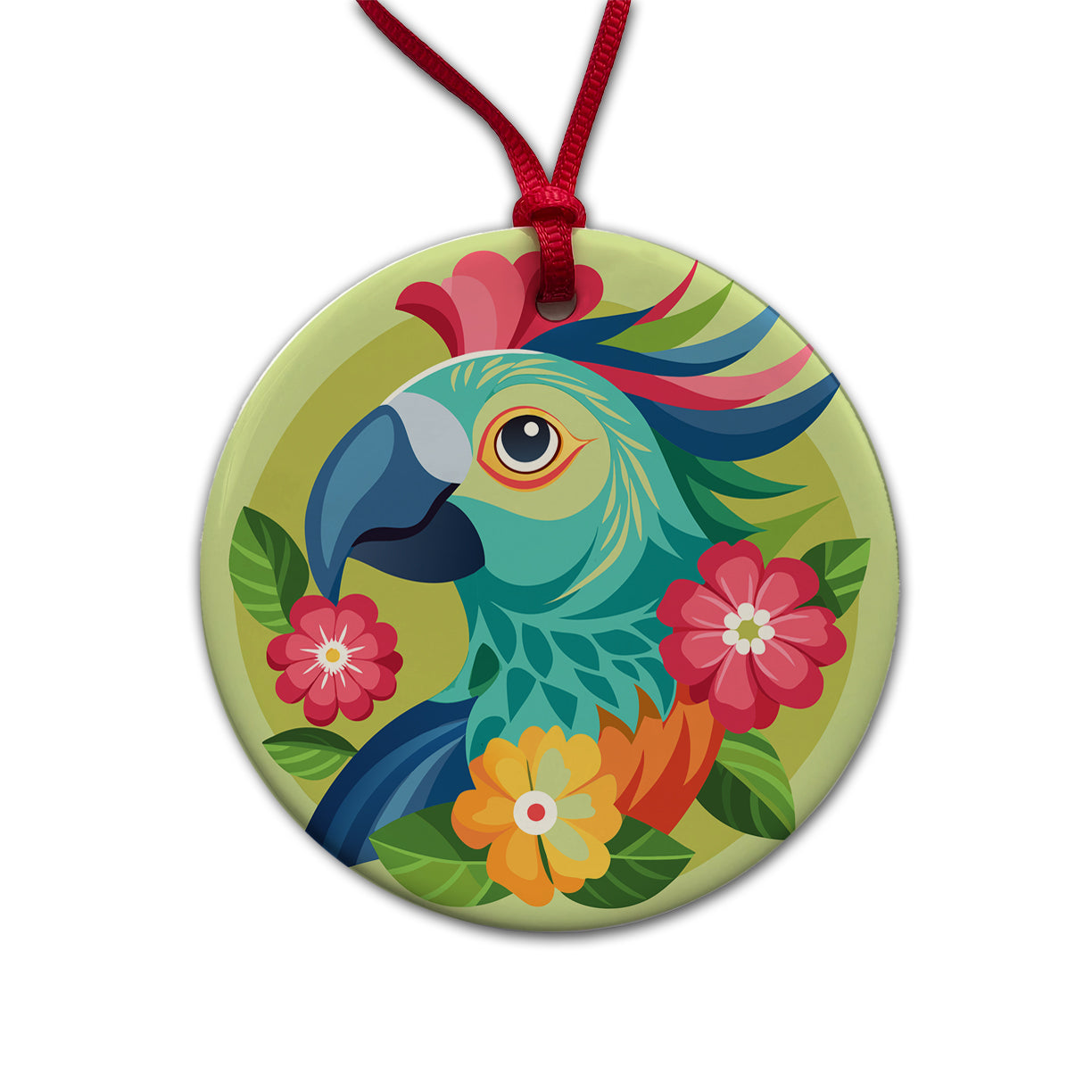Parrot Bird Floral Flowers Round Ceramic Holiday Christmas Tree Ornament