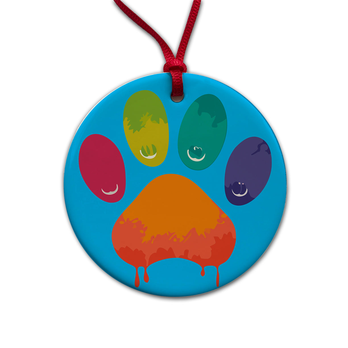 Paw Print Rainbow Dogs Cats Round Ceramic Holiday Christmas Tree Ornament