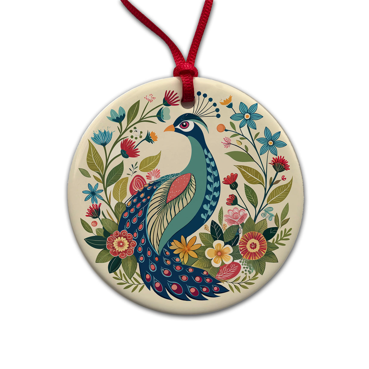 Peacock Floral Flowers Round Ceramic Holiday Christmas Tree Ornament